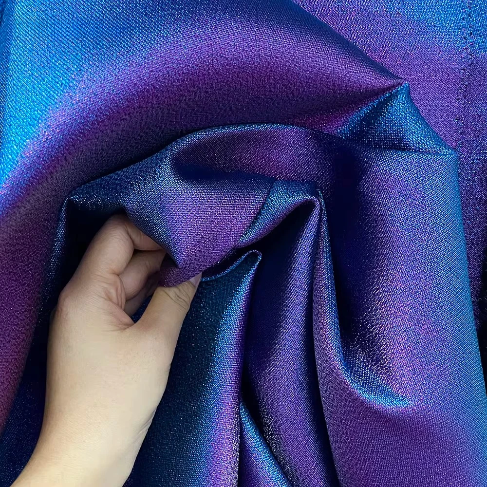 Iridescent Gradient Shiny Filament Fabric Wrinkle Resistant Stiff Material for Trench Coats, Jackets, Evening Gowns and Suits