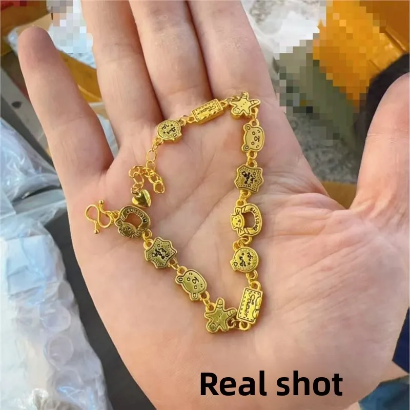 Cute Lucky Golden Gingerbread Man Bear Cat Charm Bracelet Chinese Style Blessing Fortune Jewelry For Women Girls Ideal Gift For