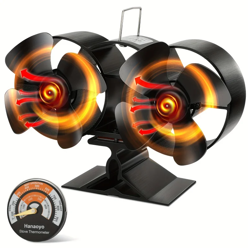 Dual-motor heat-driven fireplace fan, equipped with a magnetic thermometer,  wood-burning