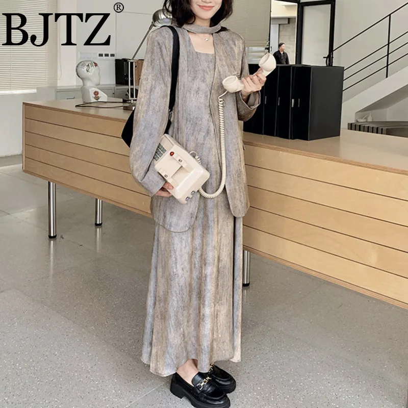 

BJTZ Temperament Elegant Tie Dye Camisole Dress Two-piece Set For Women 2025 Spring Autumn New Loose Casual Female Sets