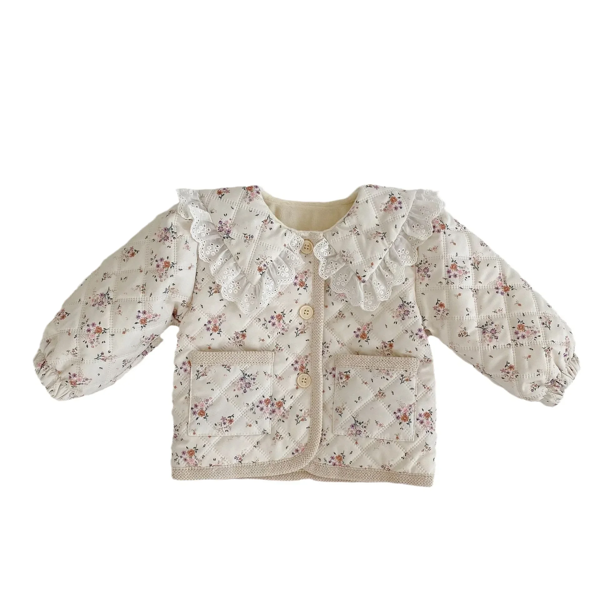 2024 Winter New Baby Long Sleeve Fleece Warm Coat Infant Girls Floral Lace Lapel Cardigan Cotton Padded Jacket Casual Clothes