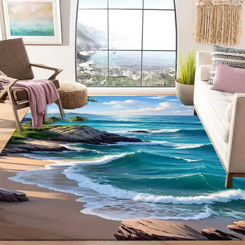 VIKAMA Scenic Seaside Large Area Rug Rocky Shore Surf Wave Coconut Tree Art Non‑slip Stain‑resistant Home Floor Carpet