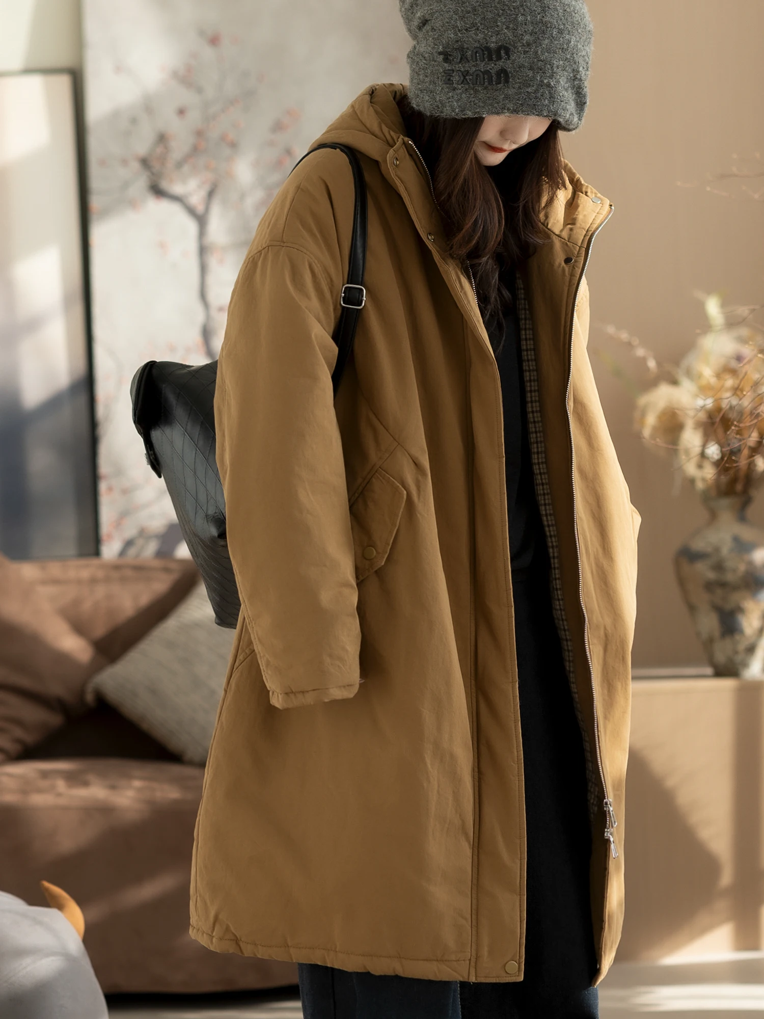 

Женская длинная хлопковая куртка Cyu: модное зимнее пальто свободного кроя с утеплителем из полиэфирного волокна, на молнии, с капюшоном