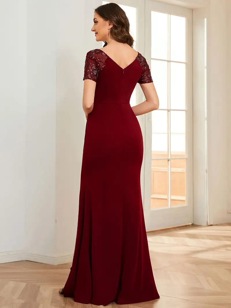 Elegant Evening Dress Deep-V Side Split Appliques Ruched Belt Side Split Ever Pretty 2025 of Sequin Mature Bodycon dress