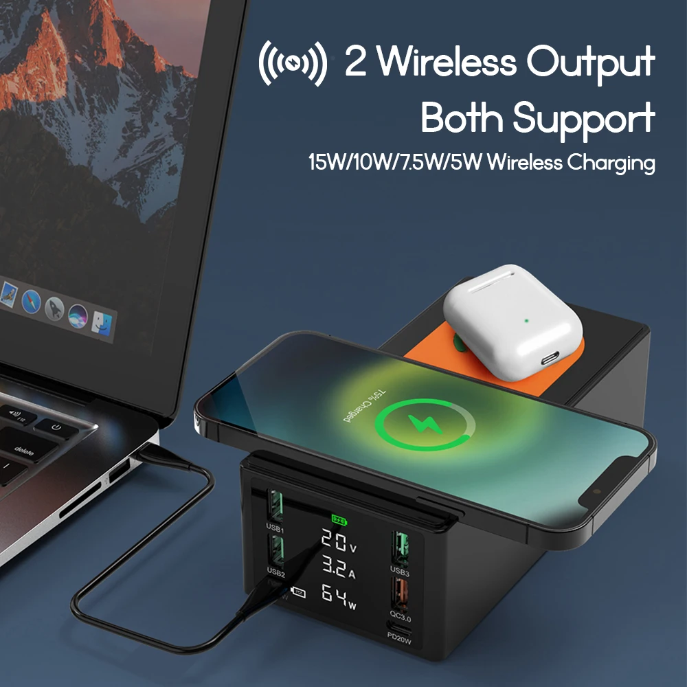 Dual QI Wireless Charger 150W Multi USB Charger Station QC3.0 PD 65W ricarica rapida per Macbook Laptop caricabatterie Wireless iPhone12
