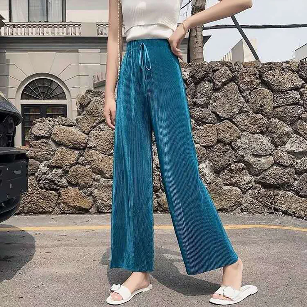 Pantaloni corti casual Pantaloni a gamba larga coreani in seta di ghiaccio allentata pieghettata delle nuove donne Abbigliamento sportivo classico per la casa Vestiti per ragazze Top nero