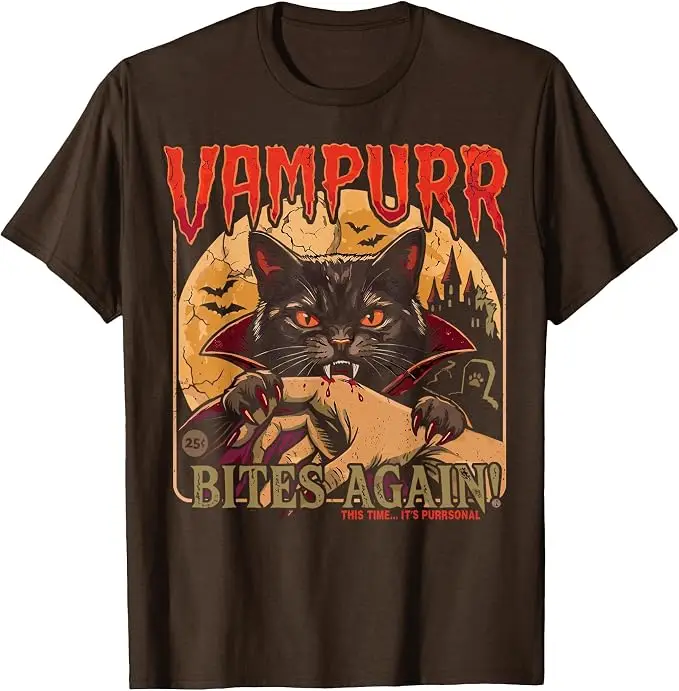 Vampurr Bites Again Halloween Cat Vintage Vampire Graphic T-Shirt Y2k Horror Kitty Halloween Costume Gift Gothic Style Clothes