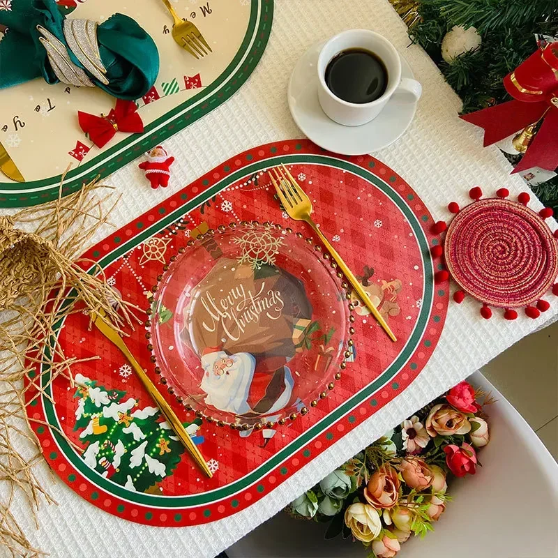 Christmas Placemat Leather Tableware Bowl Pads Table Mats for Dining Table Decoration Accessories Kitchen Placemats Party Dinner