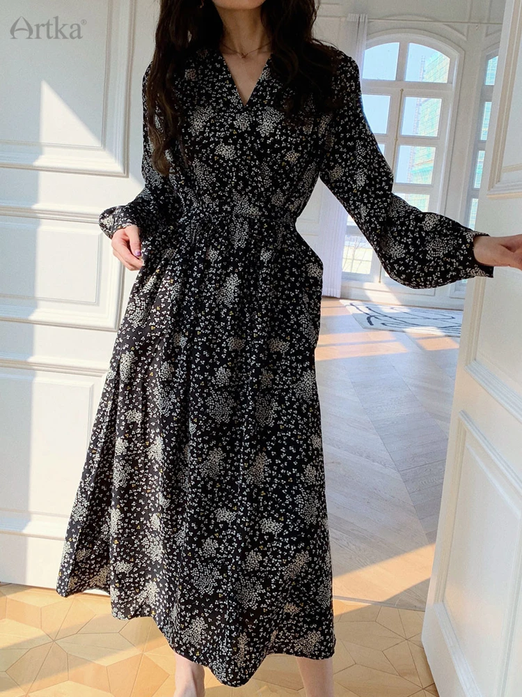 ARTKA 2023 Spring New Women Dress Elegant Loose Puff Sleeve Prints Dresses V-Neck High Waist A-Line Chiffon Long Dress A22LA055C