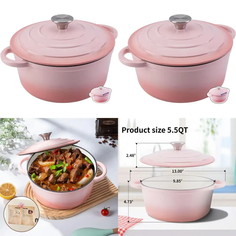 

Heavy-Duty 5.5QT Pink Enamel Cast Iron Dutch Oven with Lid for Baking, Braising, Stews, and Roasting up to 500°F