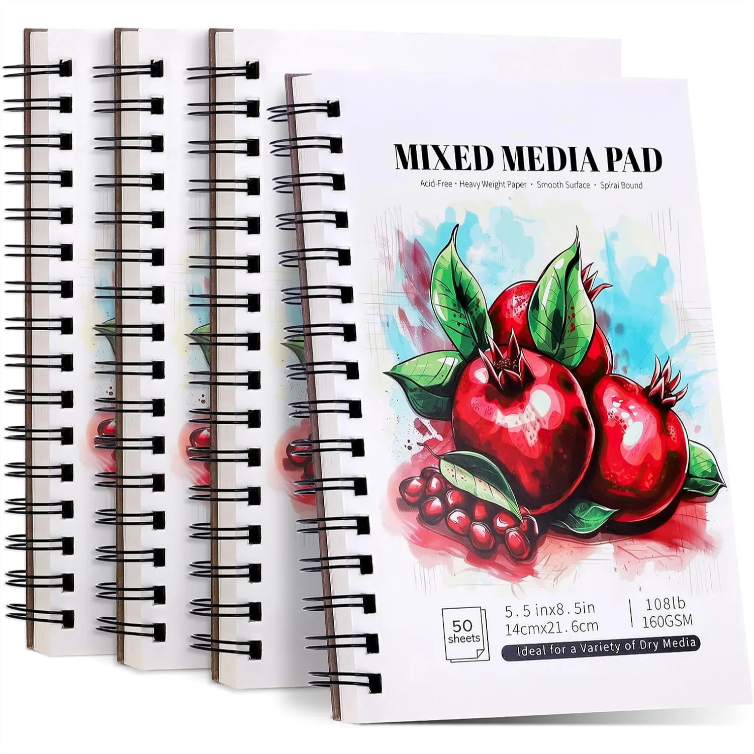 

4 Pack Mixed Media Sketchbook 5.5x8.5 inches 160gsm Spiral Bound Drawing Pad for Wet and Dry Media 200 Sheets
