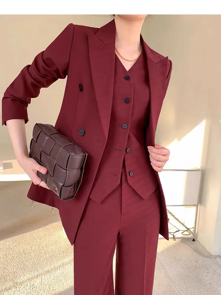 Elegant Burgundy Blazer Suit Office Women\'s Three-Piece Set Professional Formal Vest Pants Suit 2022 Autumn Korean Clothing