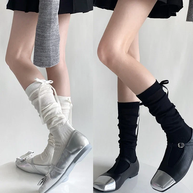 Lolita Long Socks Women Bandage Ribbon Bow Sweet Girls Kawaii Cute Middle Tube Socks Ballet Style Solid Color Black White Socks