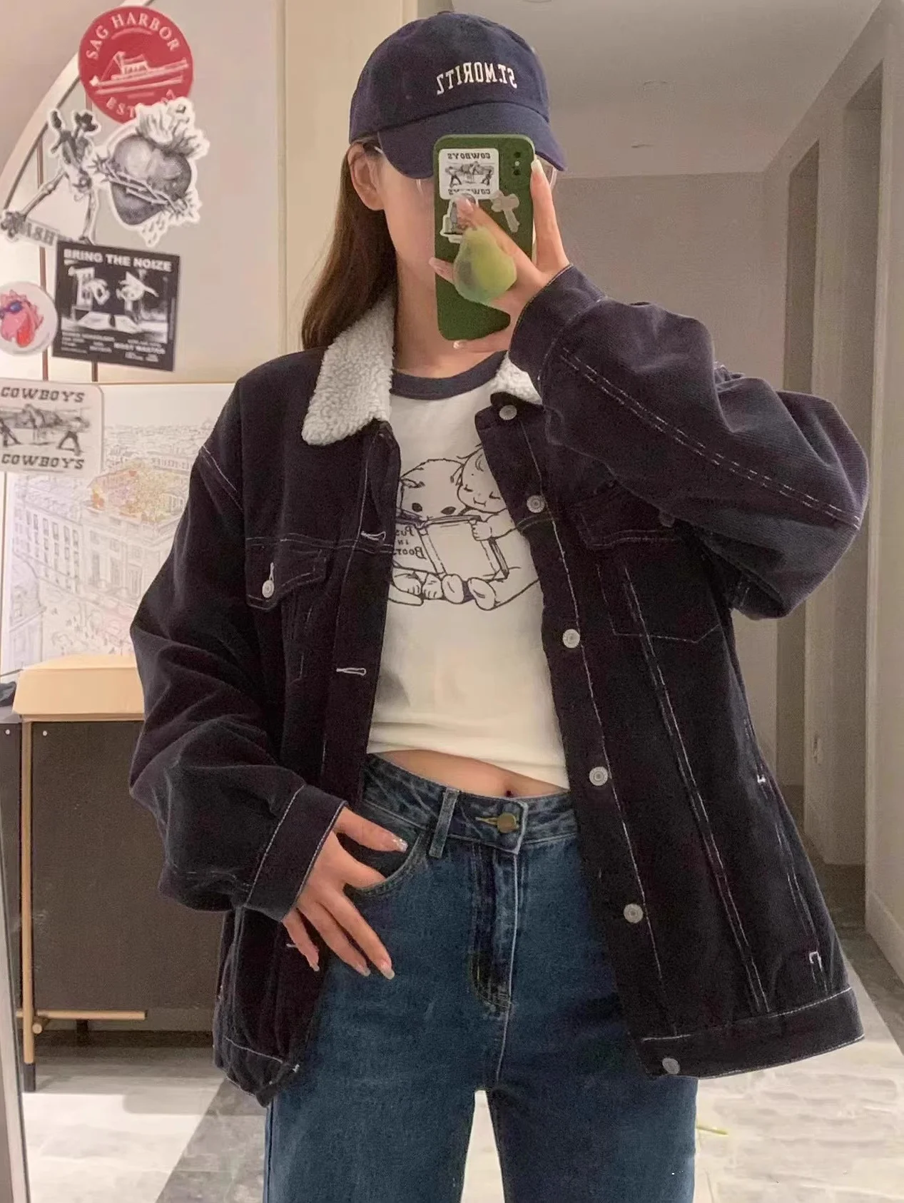 BM 슬레 브랜디 아메리칸 레트로 양털 재킷 루즈 코듀로이 따뜻한 코트 여성용 루즈핏 칼라 테이닝 아우터웨어