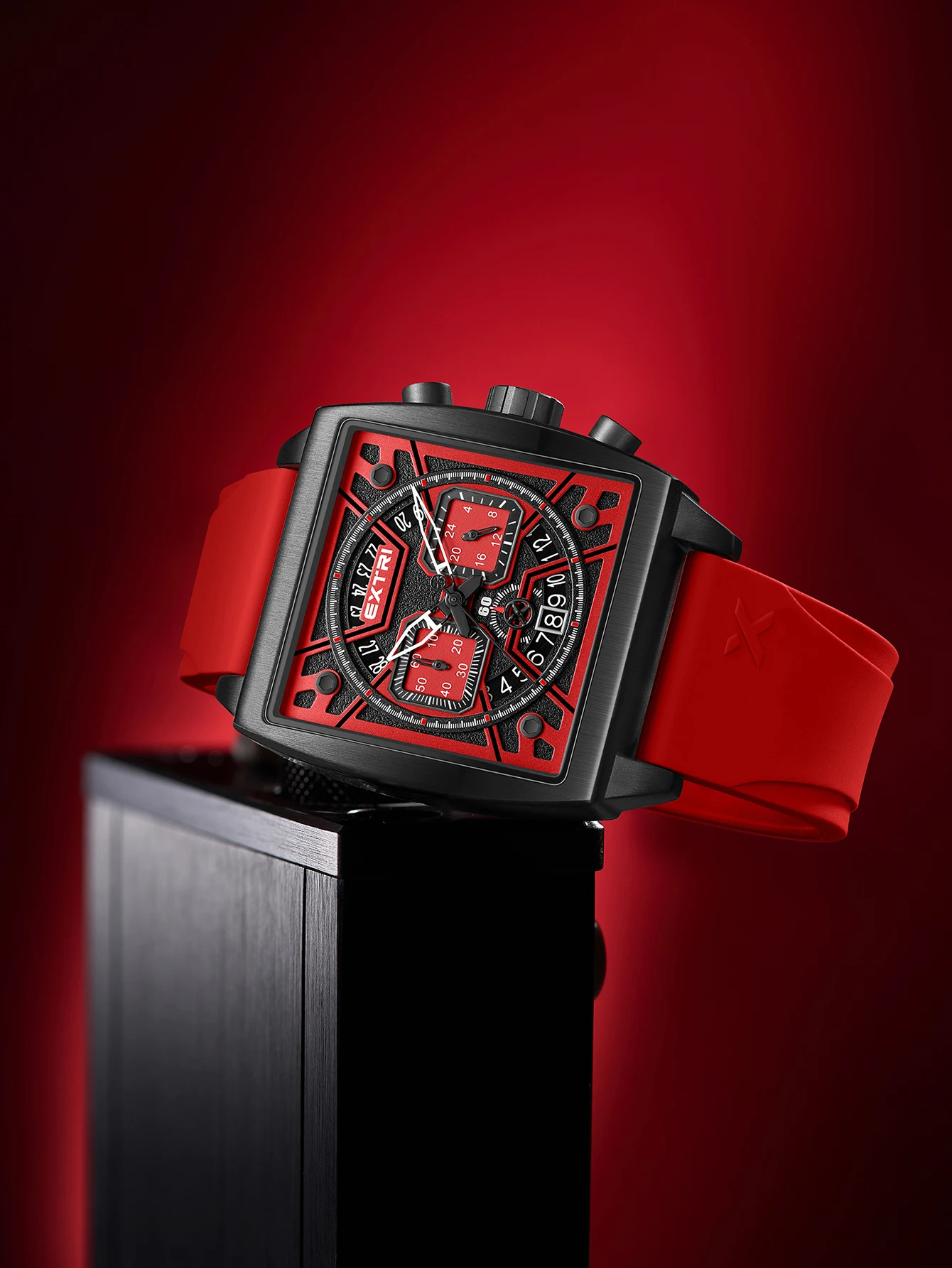 Extri Men Design Prostokątna obudowa Silikonowy pasek Wodoodporne sportowe zegarki kwarcowe Chronograf Funkcjonalny zegarek z kolorowym pudełkiem