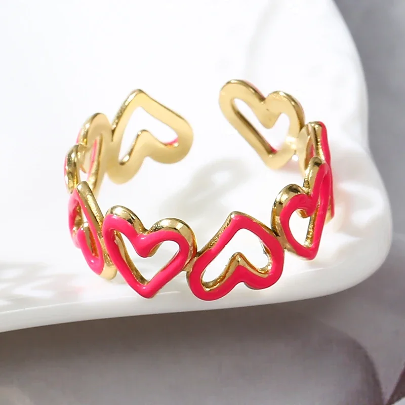 Boho Multicolor Enamel Hollow Heart Square Open Rings For Women Gold Plated Stainless Steel Belt Chain Rings Luxury Jewelry Gift
