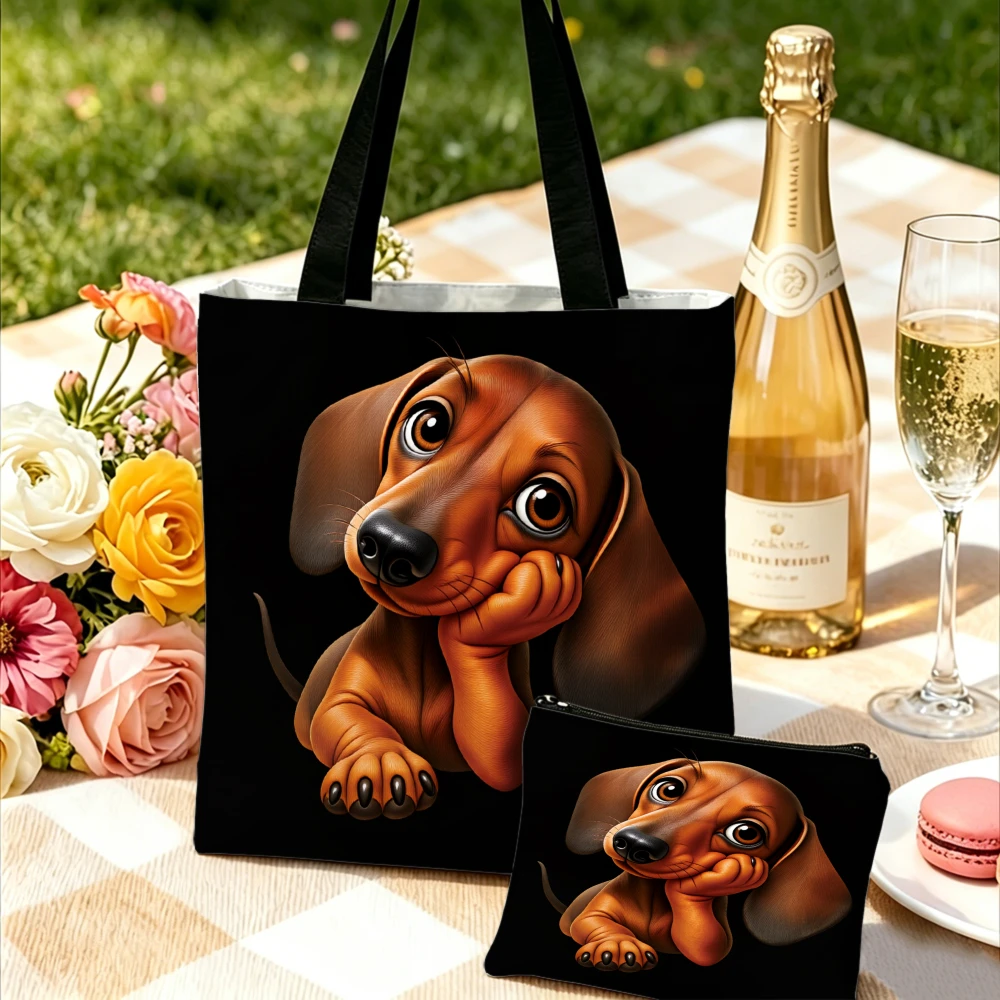 Dachshund Dog Tote Bag Black Puppy Print Shoulder Bags And Cosmetic Bag Combination Pet Lover Storage Pouch Travel Handbag