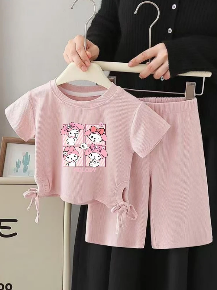 

Летний комплект одежды из ледяного шелка Sanrio для маленьких девочек, футболки с короткими рукавами и принтом My Melody, топ и шорты, костюм из 2 предметов
