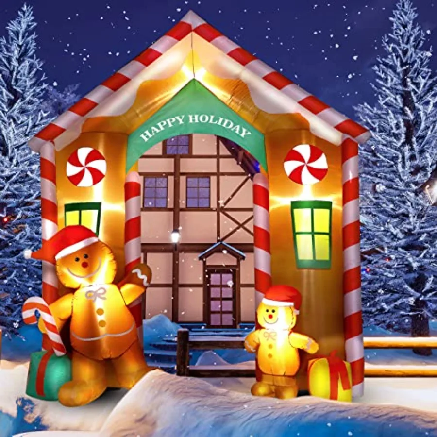 

Outdoor inflatable Christmas arch decoration in red and white, made of durable PVC, featuring gingerbread man, cookie house, an