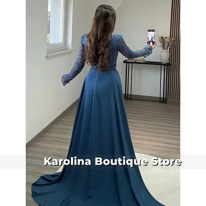 Ballkleid mit abnehmbarer Schleppe, maßgeschneidert, U-Ausschnitt, volle Ärmel, Perlenstickerei, glitzernde Spitze, Abendkleider, Partykleider