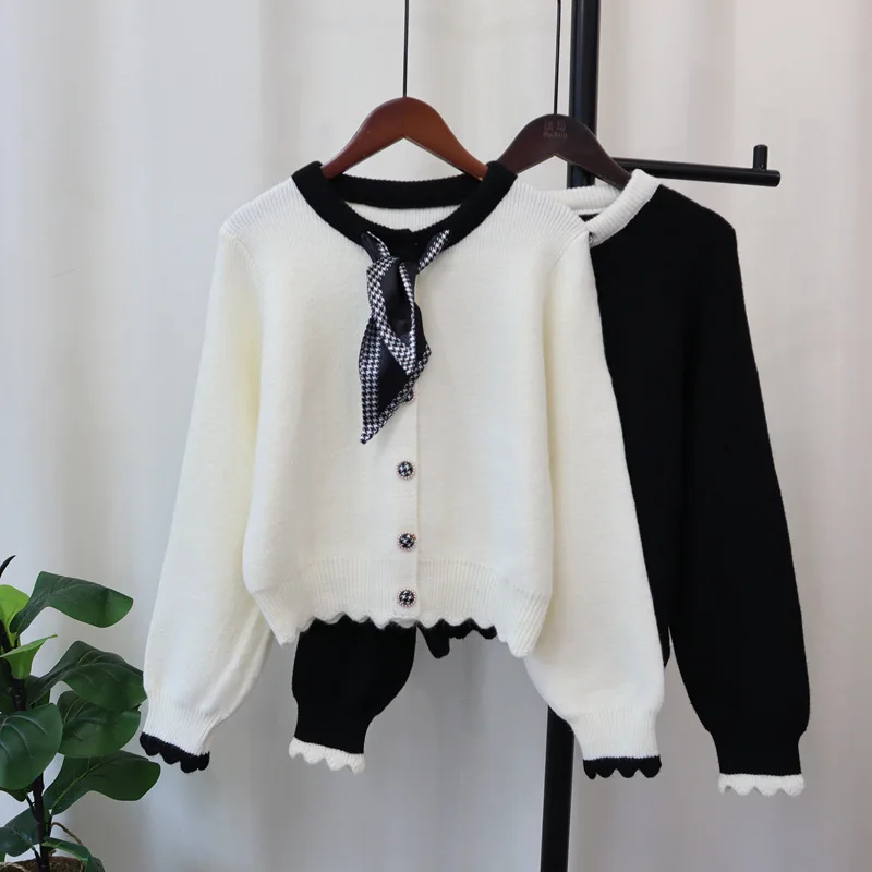 

Cardigan Women Sweaters Knitted Round Neck Full Sleeve Jumpers Bow Y2k Streetwear Elegant Splice Knit Open Stith Autumn Winter