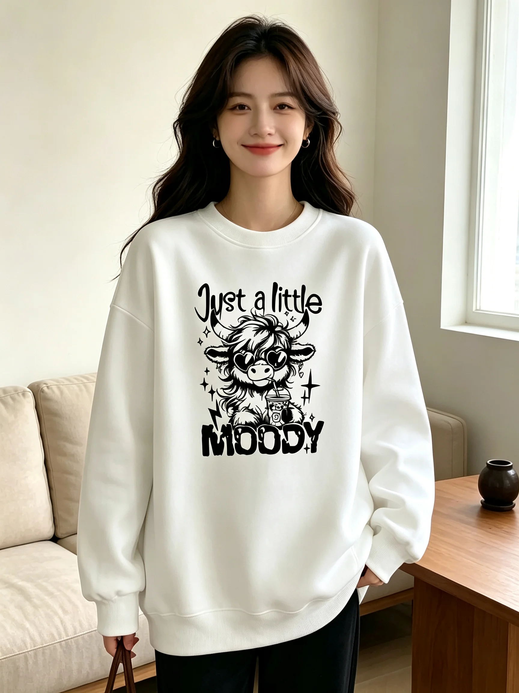 Fall Women Sweatshirt Just A Little Moody Cute Highland Cow Graphic Casual Crew Neck Long Sleeve Pullover Cartoon Cow Print Tops