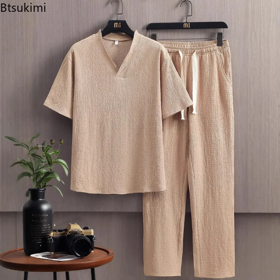 

New 2025 Men's Summer Sets Fashion Solid Color V-neck T-shirts Set for Men Casual Loose Short Sleeved and Long Pants Set Male