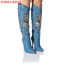 Women Knee High Boots Autumn Winter Rhinestone Diamond Western Boots Woman Fashion Cowboy Botas Mujer Chunky Heel Ladies Shoes