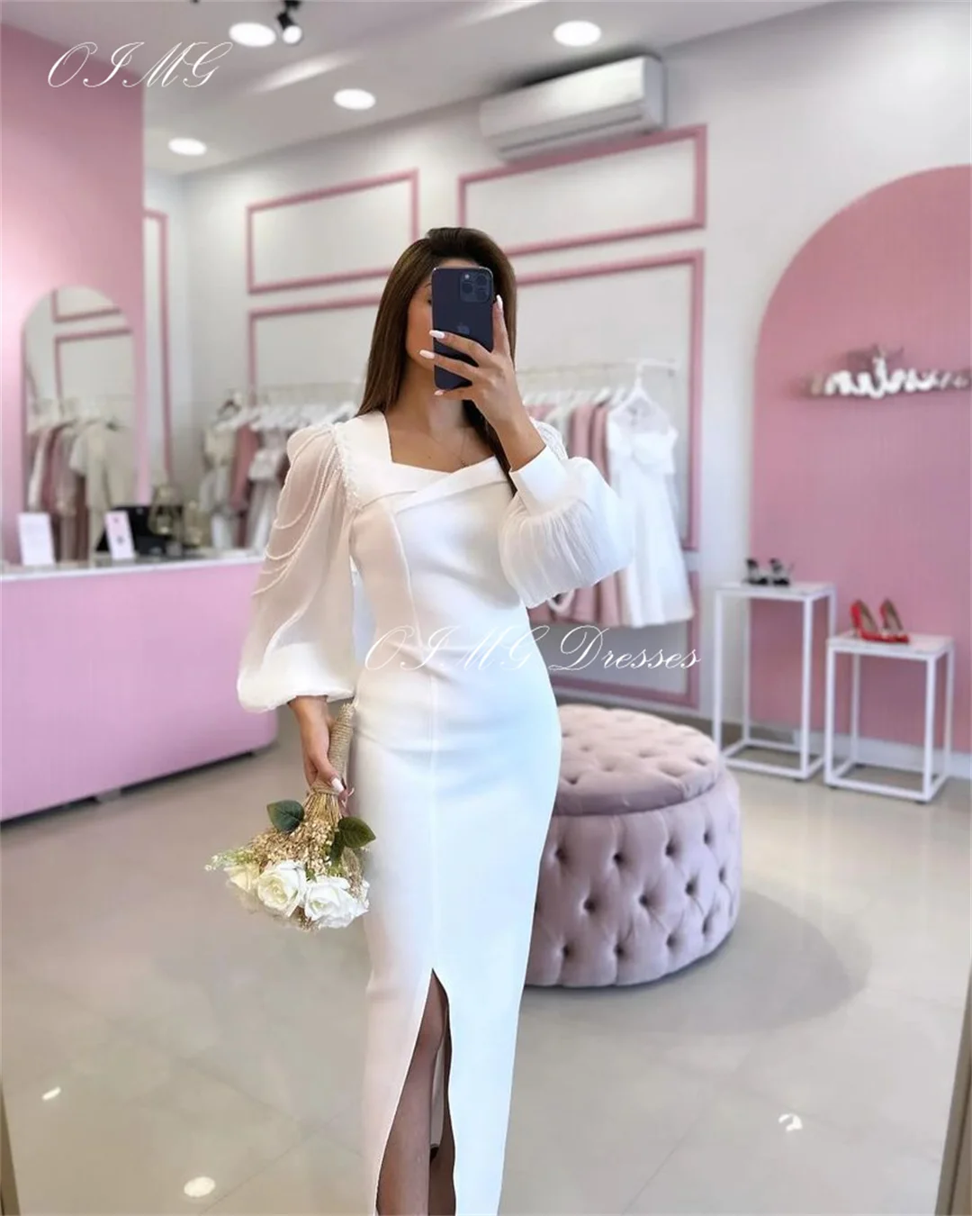 OIMG Elegant Satin Irregular Collar Long Prom Dresses Pearls Mermaid Women Satin Slit White Evening Gowns Formal Party Dress