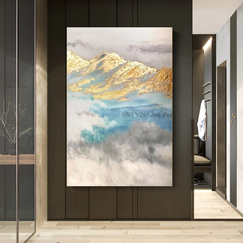 Handpainted Turquoise Cloud Golden Mountain Oil Painting Thick Palette Knife Canvas Wall Decor For Modern Living Room