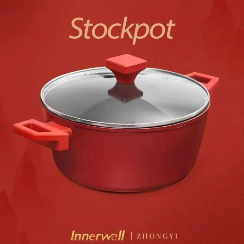 Innerwell Kitchen 24cm Seafood Stock Pot Stew Pot with Glass Lid Double Handle Nonstick Toxin Free Cookware Gourmet Cooking Pots