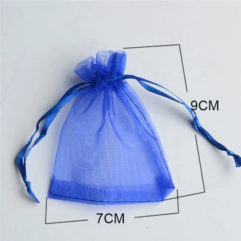 50 buah 7x9cm tas Organza perhiasan Tulle tas serut dekorasi pesta pernikahan hadiah perhiasan kantung tampilan kemasan