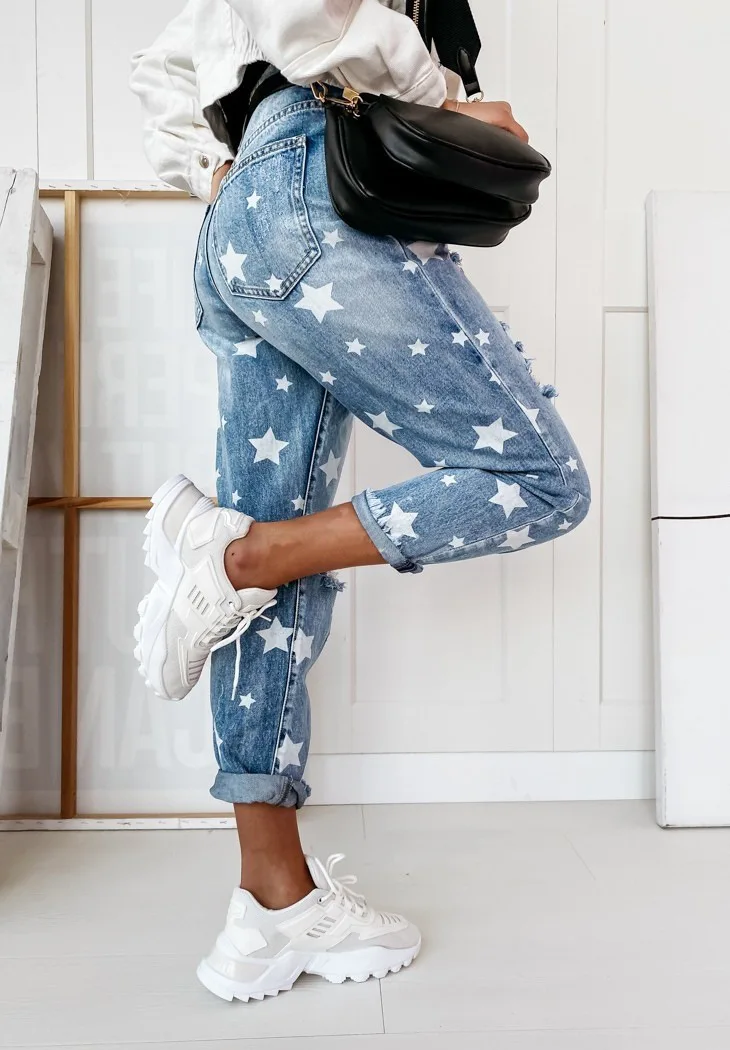 Women\'s Jeans 2024 Spring Fashion Star Print Button Pocket Design High Waist Casual Distressed Straight Leg Jeans Y2k Streetwear
