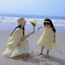 2024 Mom and Daughter Holidays Dress Beach Yellow Vacation Look Children Clothing Women Short Sleeve Frock Mother Baby Girls