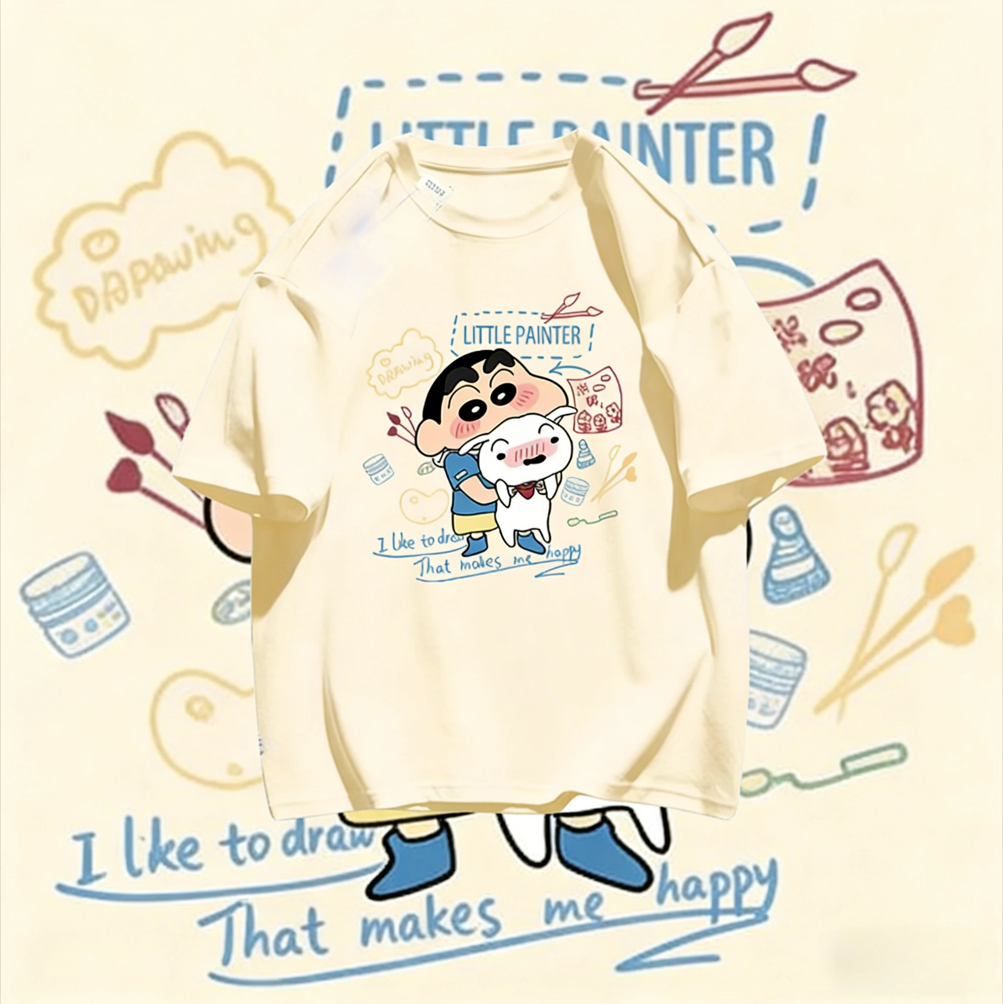 Crayon Shin Chan Little Painter Print Casual T Shirt Cute Anime Short Sleeve Tee for Men Women