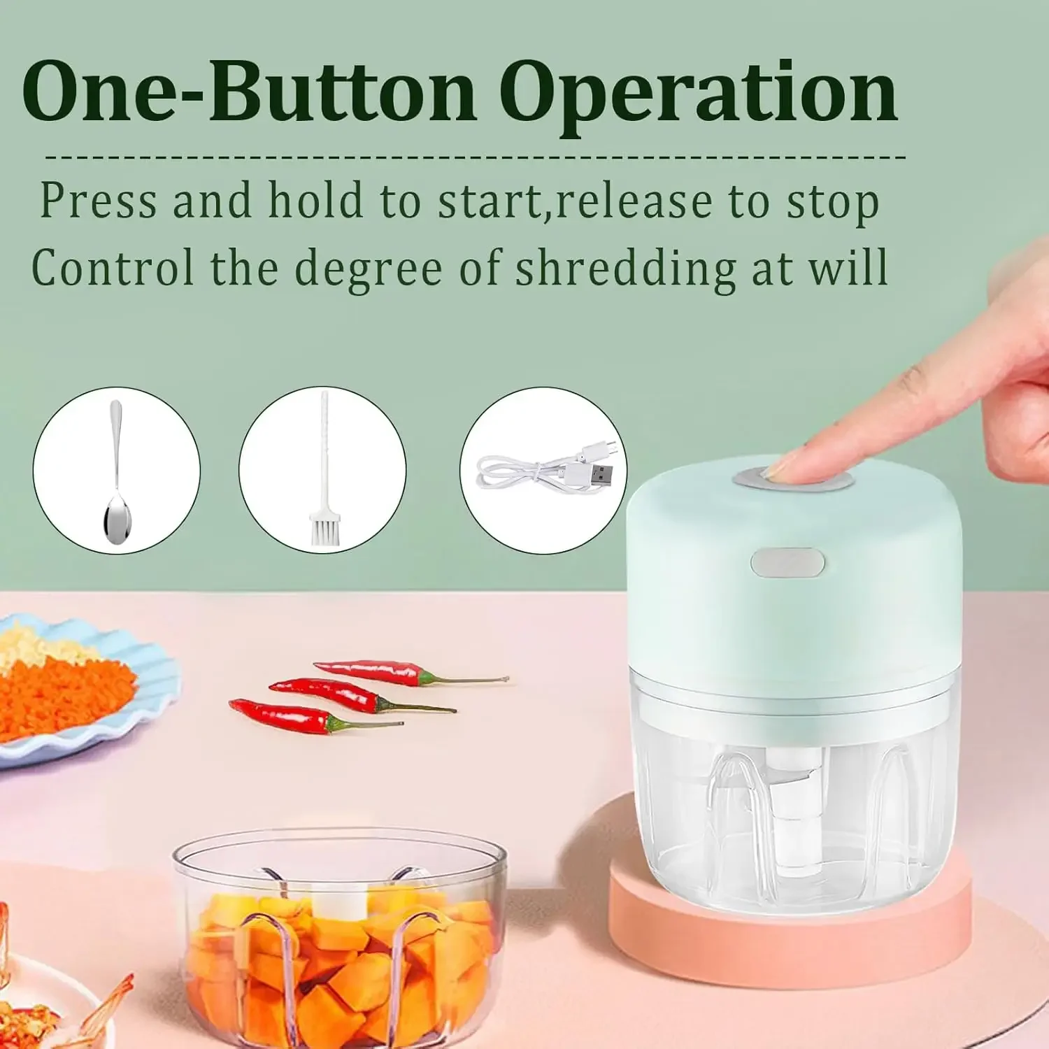 Trituradora de ajo eléctrica portátil de 250ml, cuchara y trituradora de cepillo, picadora de ajo, procesador de alimentos USB, utensilios de cocina