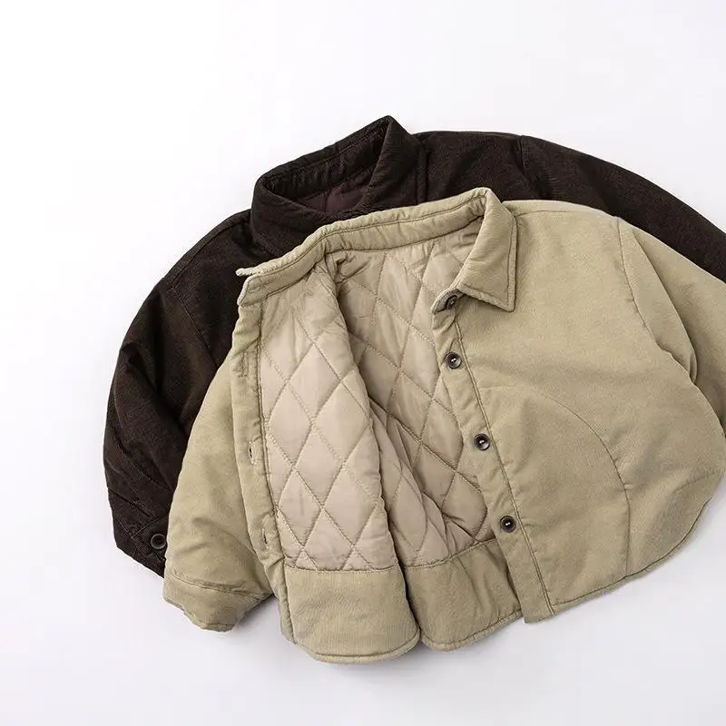 

2025 Winter New Children Warm Coat Vintage Boys Girls Long Fleece Shirts Jacket Baby Plus Velvet Thick Cardigan Solid Tops