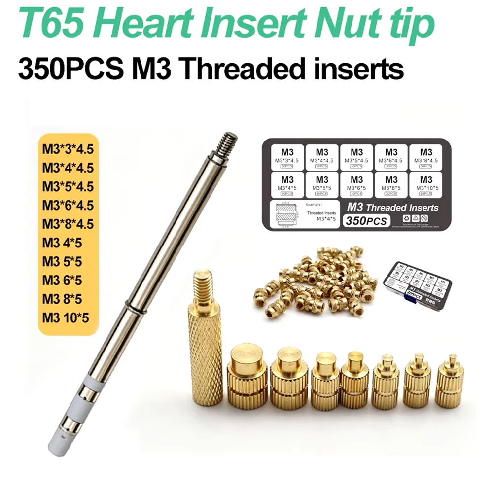 350PCS M3 Brass Heat Insert Nut With T65 Rapid Hearting Replacement Tip for SH72 SH73 HS-01 T85 T75 GD300 RGS6Soldering Iron