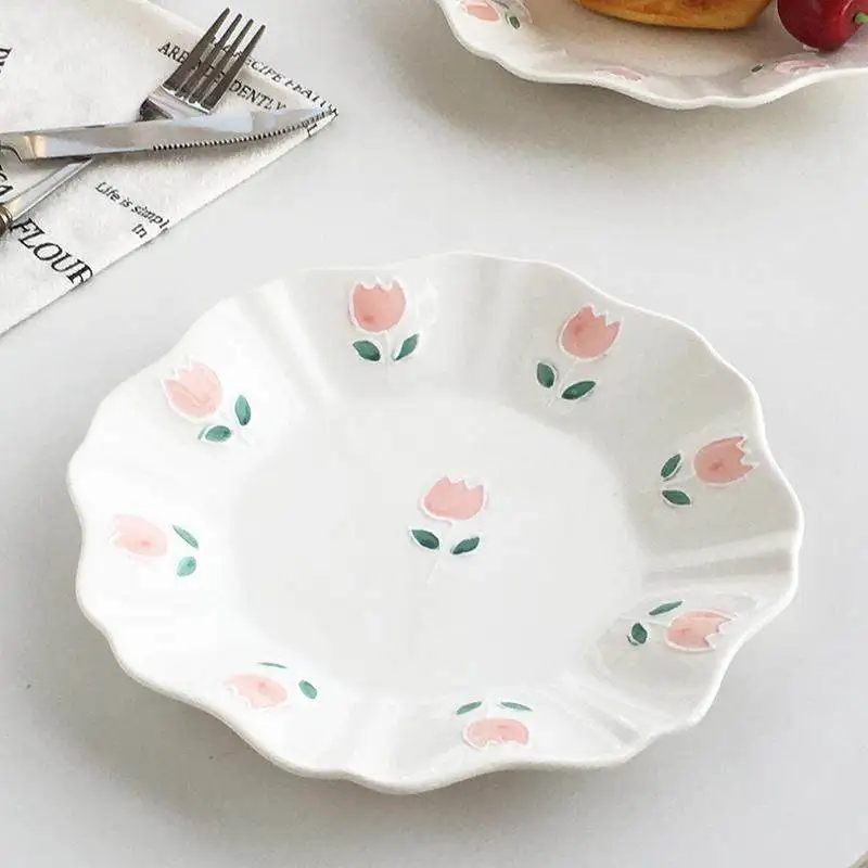 Stereoscopic Tulip Relief Ceramic Plates 2026 New 8 Inch Good-looking Dinner Tableware Underglaze Color Hand-painting Dish