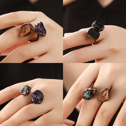 YEEVAA Natural Amethyst/Yellow Crystal/Black Tourmaline/Green Fluorite Open Adjustable Double Crystal Ring For Women