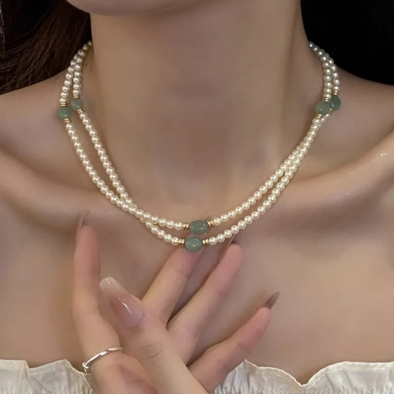 

Minar Light Luxury Green Jade Natural Stone Simulated Pearl Beaded Necklace for Women 18K Real Gold Copper Long Sweater Chain