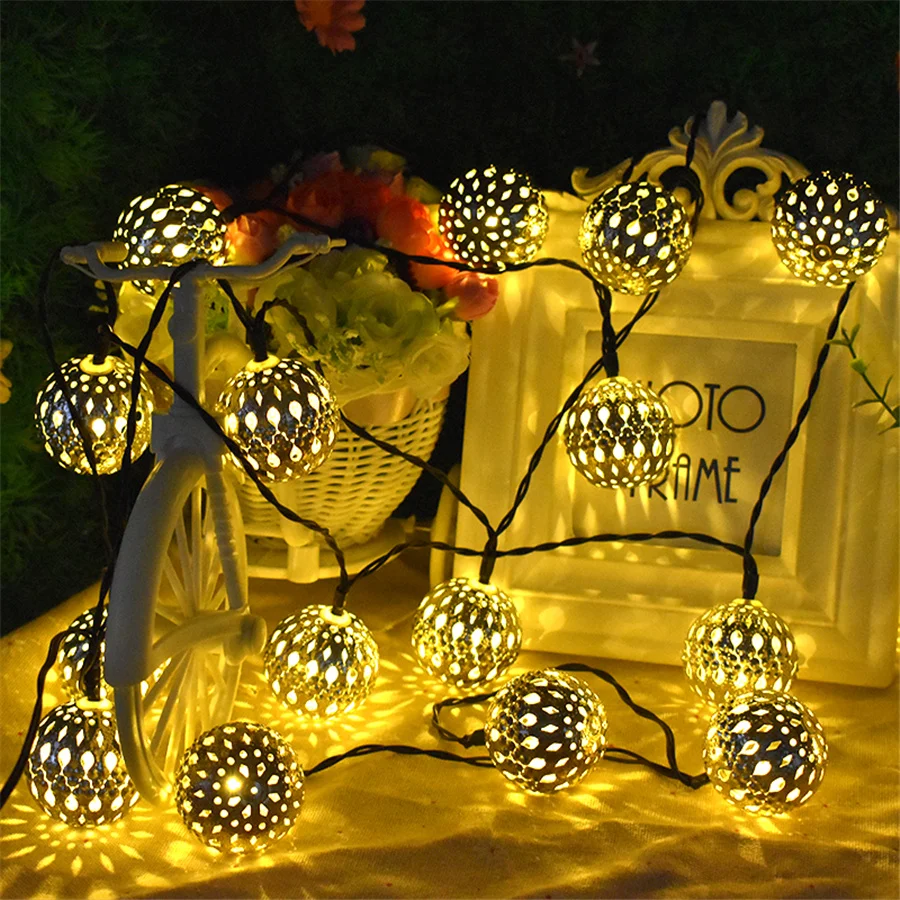 

New Led Solar Iron Art Hollow Out Moroccan Ball String Lights Christmas Fairy Garland Lights For Party Wedding Garden Decoration