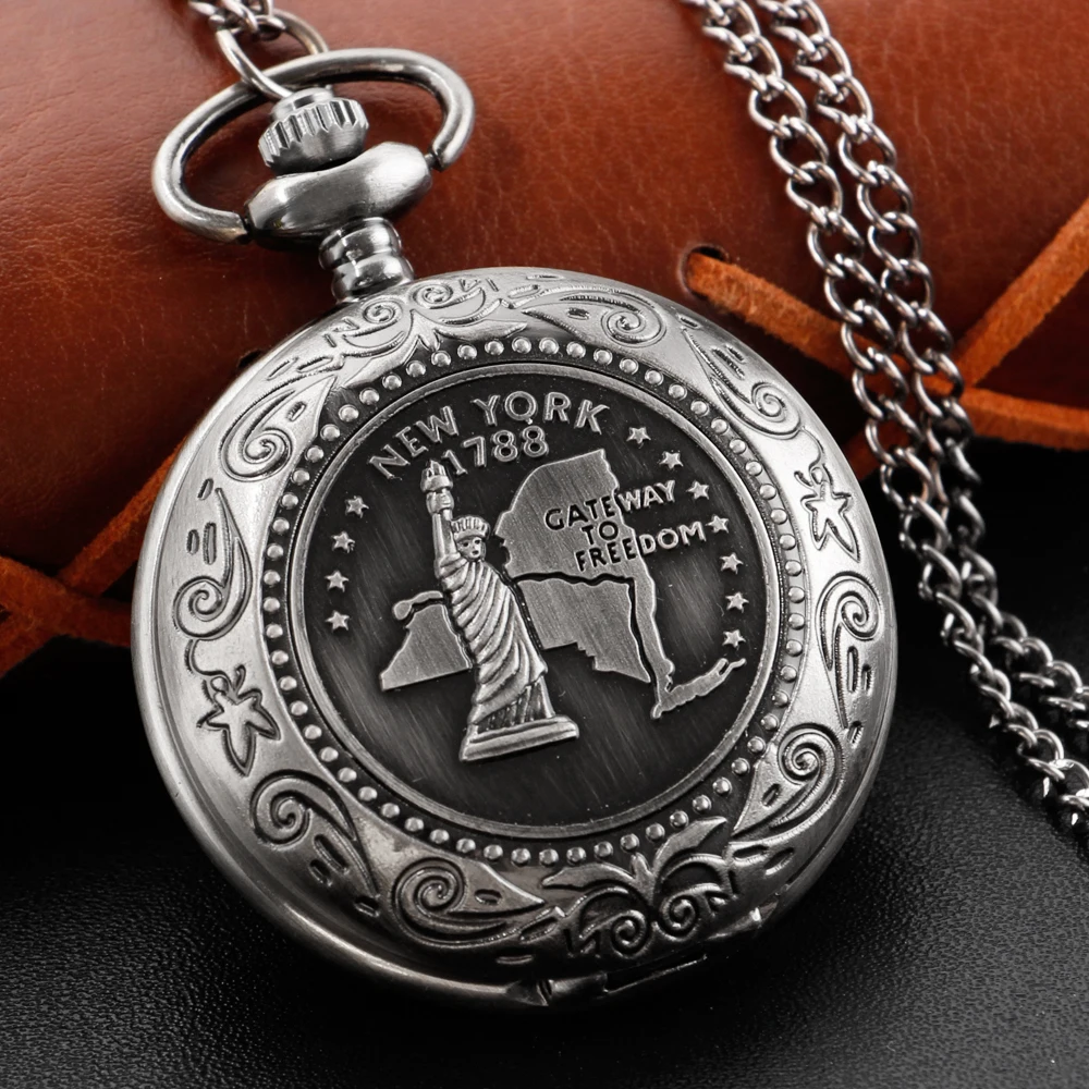 Gray Steel 1788 Statue of Liberty Quartz Pocket Watch Established In The United States Map Clock Retro Pendant Men's Gift