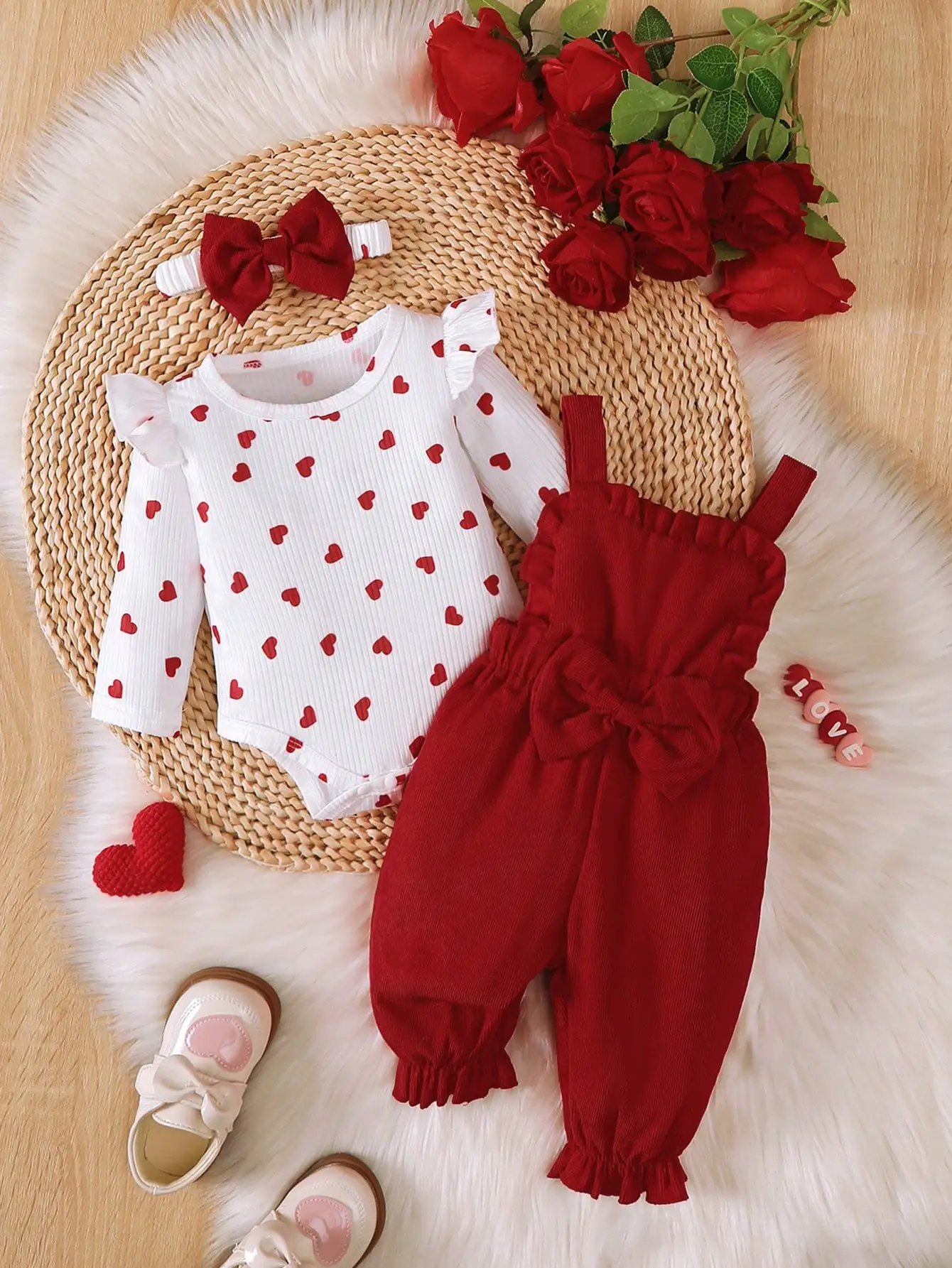 Spring and Autumn Lively and Cute Baby Girl Outfit with Valentine's Day Heart-Shaped Pattern, Round Neck Long-Sleeve Romper + Bow-Decorated Pants + Headband Set, Casual and Adorable Baby Girl Clothing, Suitable for Daily Casual Outings, Playing, Photography, and as a Gift