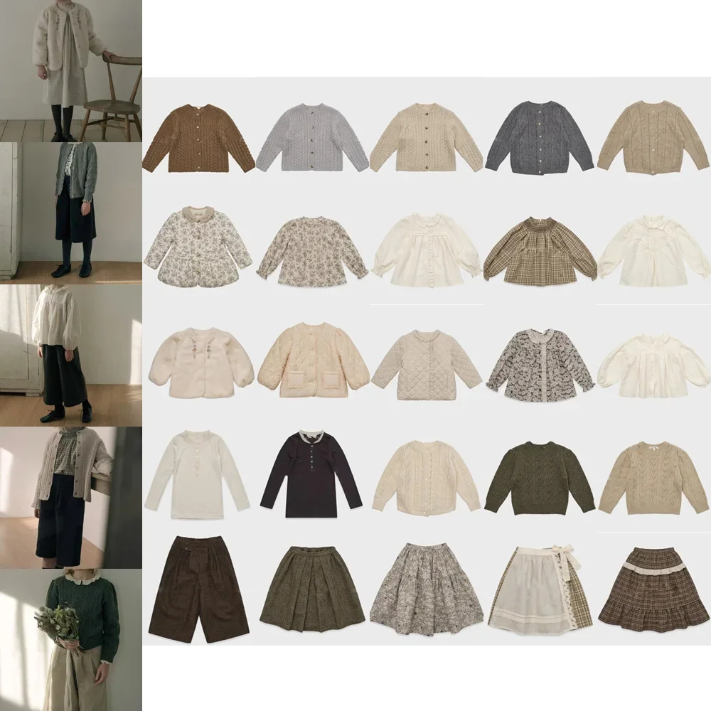 

2025 autumn and winter new vintage flower half skirt shirt girls long sleeve ear side lapel shirt