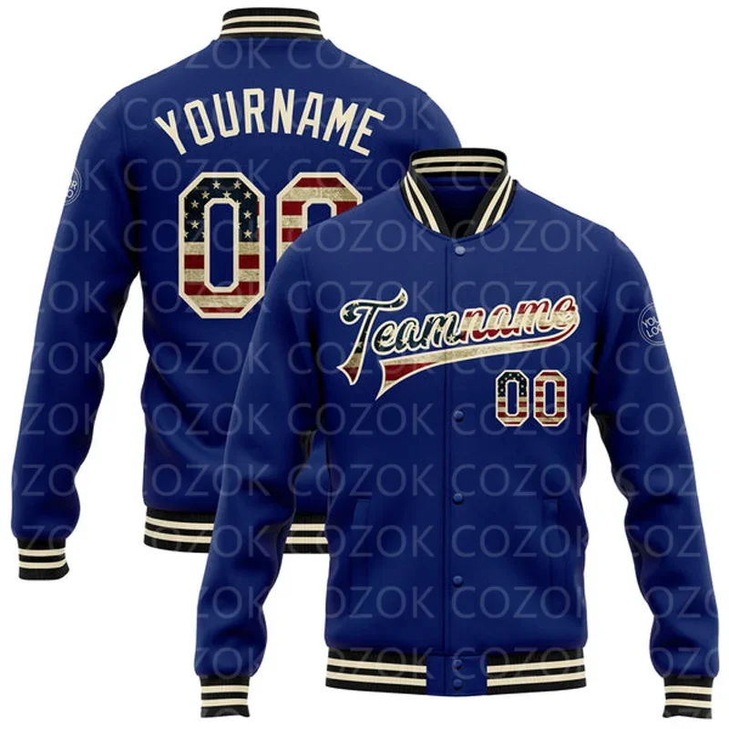 Custom Blue Yellow 3D Printed Baseball Button Jacket Bomber Full-Snap Varsity Letterman Jacket