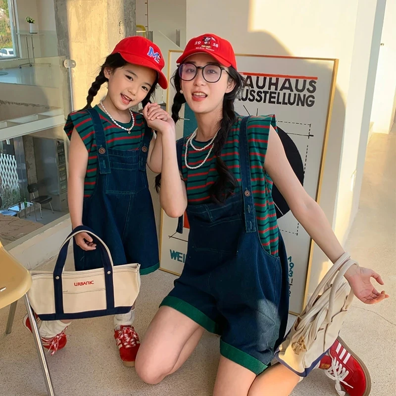 

Summer Denim Strap Pants Sleeveless Striped Vest Casual Set, Mom Daughter Son Clothing Family Matching Outfits Cool Style Outfit