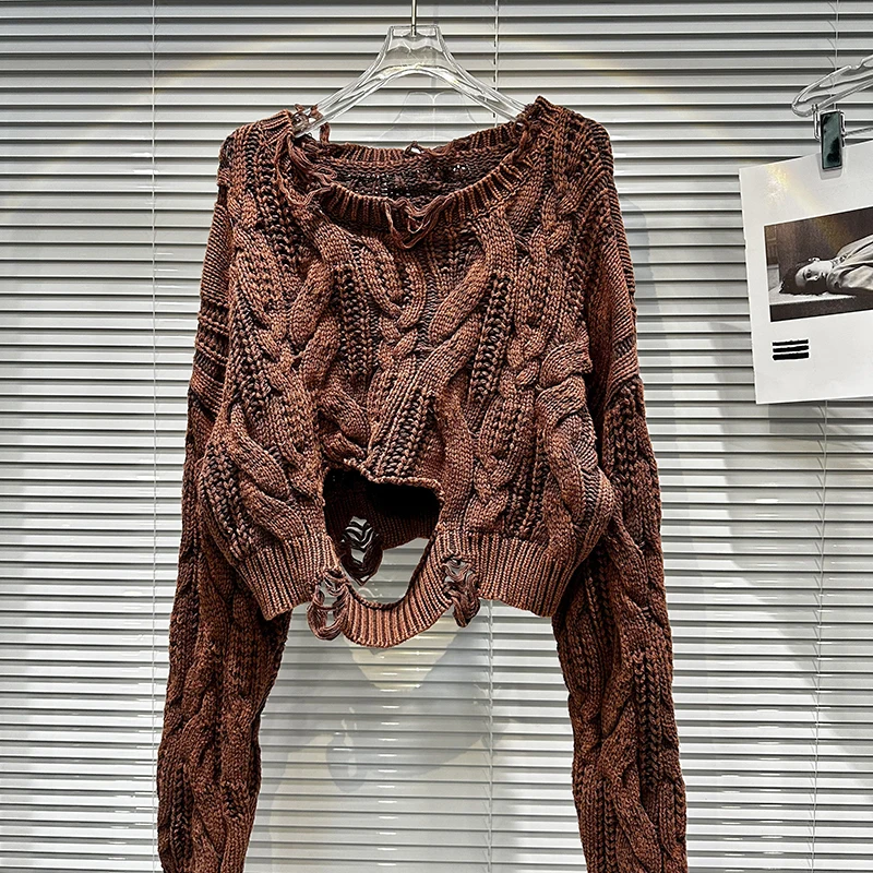 DEAT 2024 Autumn New Vintage Fashion Women's Worn-out Design Twists Pattern Knitted Sweater Loose O-neck Short Pullover 11XX6062