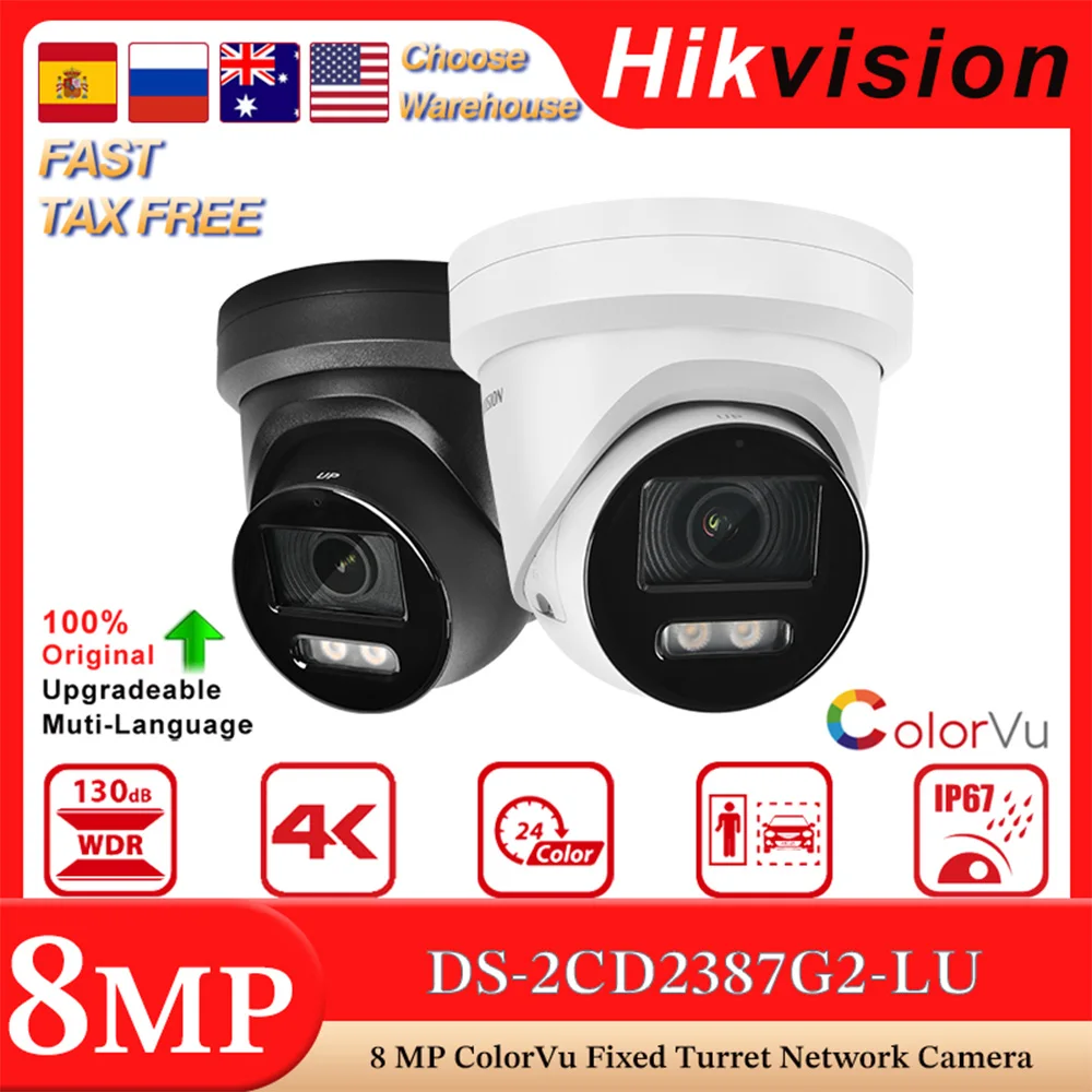 Hikvision 오리지널 DS-2CD2387G2-LU, 4K, 8MP, ColorVu 고정 터렛 네트워크 카메라, 24/7 컬러 이미징, 내장 마이크, 실시간 오디오 