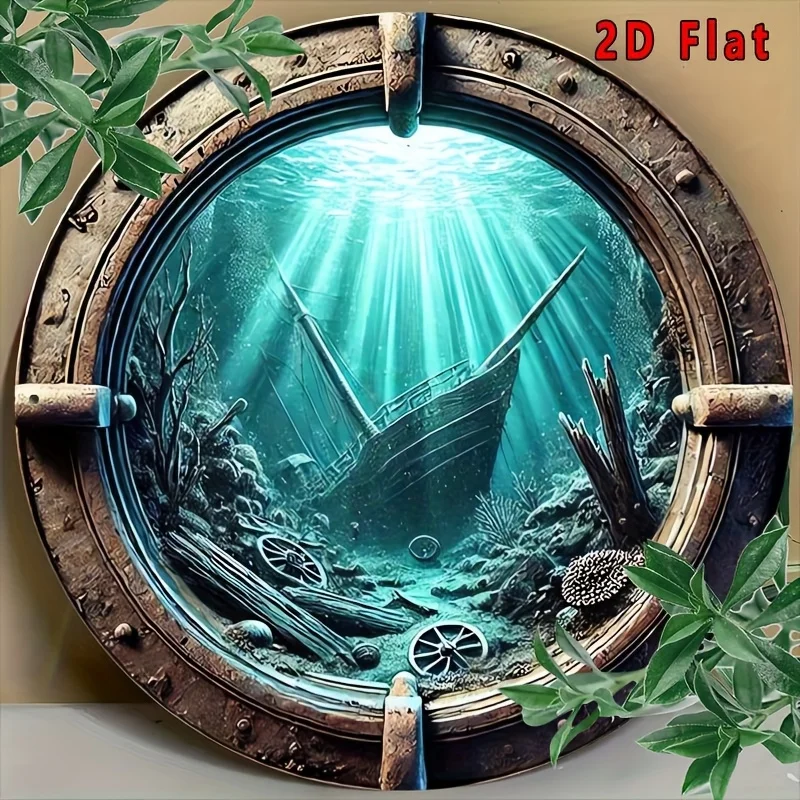 2D Flat Surface, [2D Flat Surface] 1-Piece Set of Vintage Room Decoration Underwater Exploration Porthole Wall Art, 20.32X 20.32cm , Aluminum Material, Perfect F.